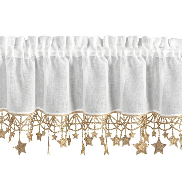 Bijelo zlatna kuhinjska zavjesa od gaze ukrašena božićnim zvijezdama, tunel 150x30 cm - XMAS