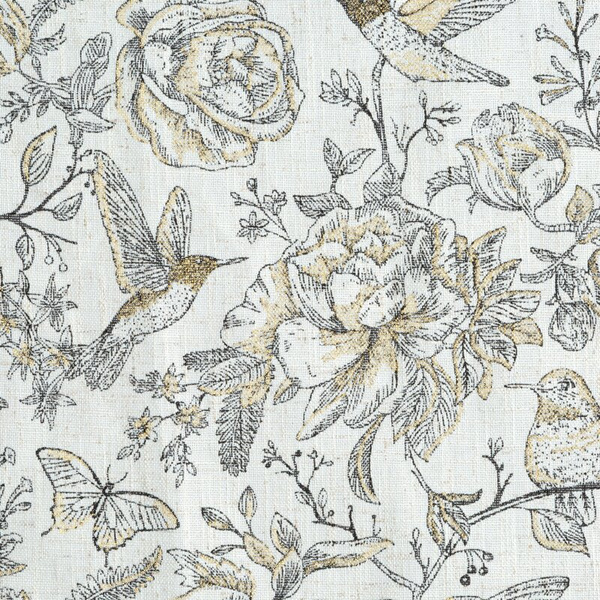 Zavjesa s prirodnim tkanjem i dodatkom lana, prirodne boje s botaničkim uzorkom ukrašenim zlatnim detaljima, 140x250 rupice - LUCINA 2