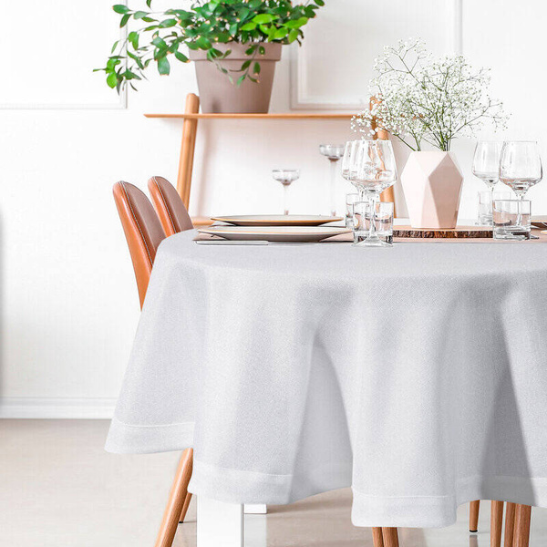 Okrugli stolnjak s lanenim tkanjem i sjajnim koncem, završen dvostrukom trakom na rubovima ∅ 120 cm Bianca 2