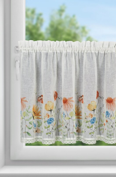   Zavjesa za kuhinju 150x60 od gaze ukrašena printom cvijeća i čipkom Nati