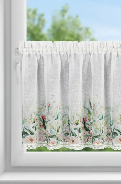 Bijelo-zelena kuhinjska zavjesa od gaze ukrašena cvjetnim printom i čipkom, 150x60 cm, ESTERA tunel