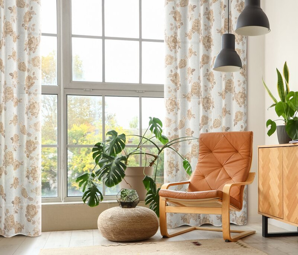 Zavjesa 140x250 ukrašena printom ruža s dodatkom zlata, izrađena od gaze, MELA 