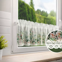 Bijelo-zelena kuhinjska zavjesa od gaze ukrašena cvjetnim printom i čipkom, 150x30 cm, ESTERA tunel