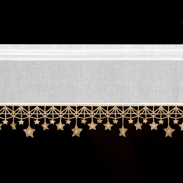 Bijelo zlatna kuhinjska zavjesa od gaze ukrašena božićnim zvijezdama, tunel 150x30 cm - XMAS