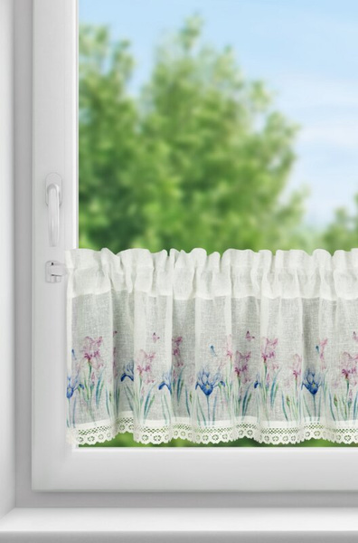 Bijela kuhinjska zavjesa od gaze ukrašena cvjetnim printom i čipkom, 150x30 cm, DOLOREZ tunel