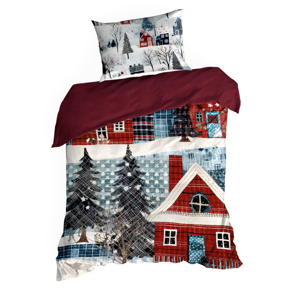 Božićni set posteljine 140x200 cm od pamučnog satena, crvene, plave boje, ukrašen printom božićnog grada NIKO