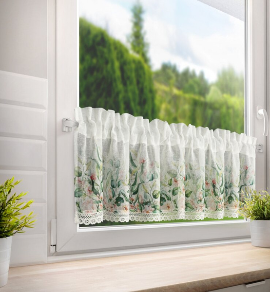 Bijelo-zelena kuhinjska zavjesa od gaze ukrašena cvjetnim printom i čipkom, 150x30 cm, ESTERA tunel