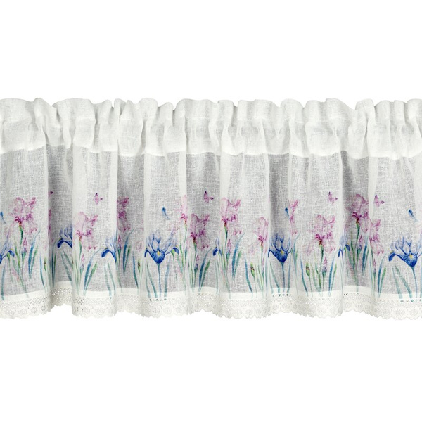 Bijela kuhinjska zavjesa od gaze ukrašena cvjetnim printom i čipkom, 150x30 cm, DOLOREZ tunel