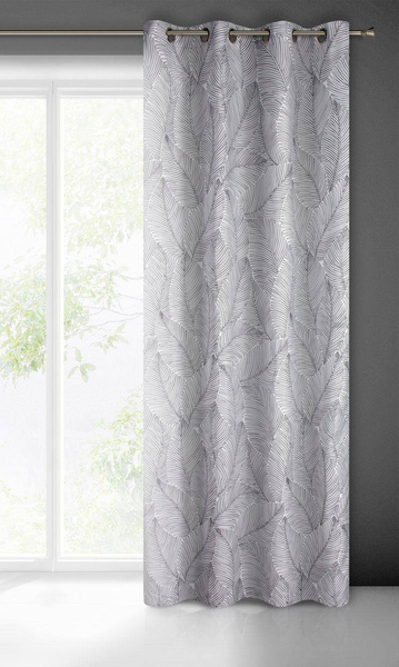 Zavjesa gotova bijela s crnim otiskom lišćana ušicama 140x250 Kendra , jedan komad u paketu