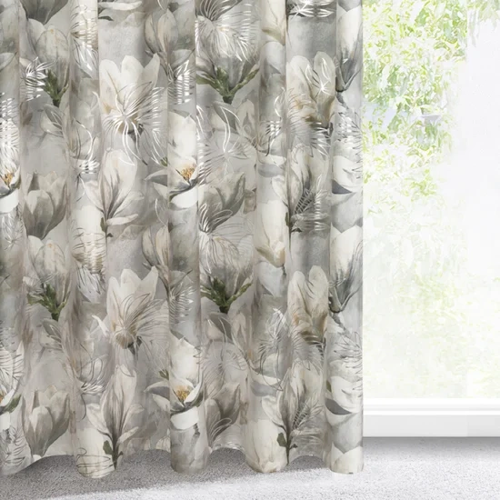 Zavjesa od baršuna s floralnim printom istaknutim srebrnim listićima sa flex trakom140x300 cm siva, Sandy