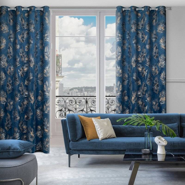 Tamnoplava zavjesa od mekog baršuna sa sjajnim printom palminog lišća 140x250 Gloria 