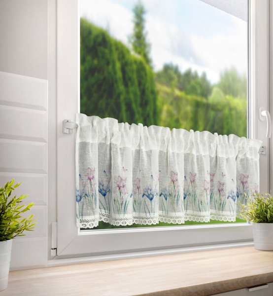Bijela kuhinjska zavjesa od gaze ukrašena cvjetnim printom i čipkom, 150x30 cm, DOLOREZ tunel