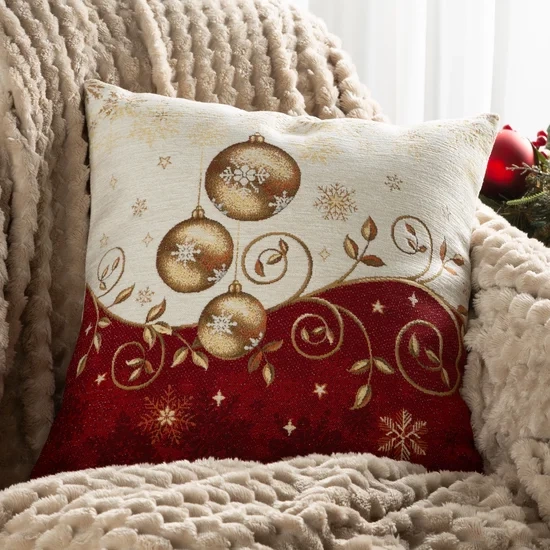 Božićna jastučnica tkana od mekog šenil konca s motivom zlatnih kuglica 45x45