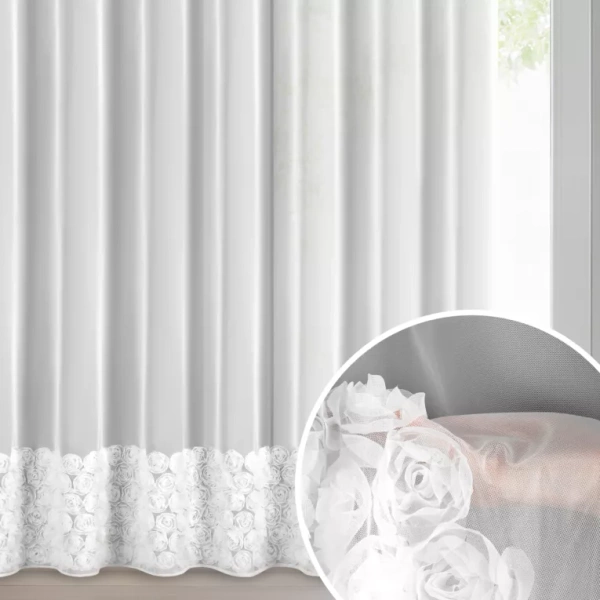 Bijela mrežasta zavjesa ukrašena 3D aplikacijom ruže, 350x270 cm - traka ROSES3 - Eva Minge