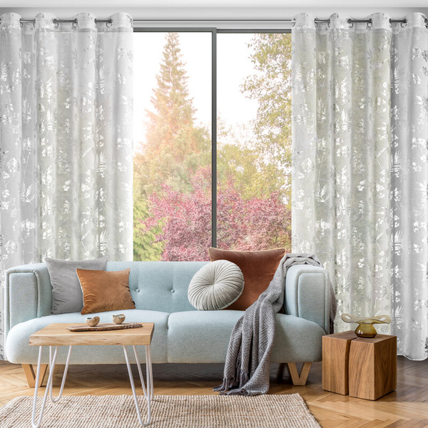 Bijelo-srebrna mrežasta zavjesa s biljnim motivom, 140x250 cm - DELIA