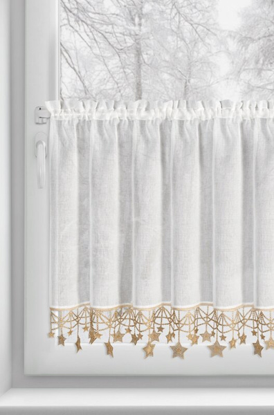 Bijelo zlatna kuhinjska zavjesa od gaze ukrašena božićnim zvijezdama, tunel 150x60 cm - XMAS