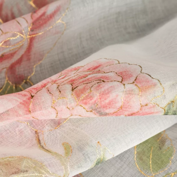 Zavjesa 140x250 ukrašena printom ruža s dodatkom zlata, izrađena od gaze, MELA 