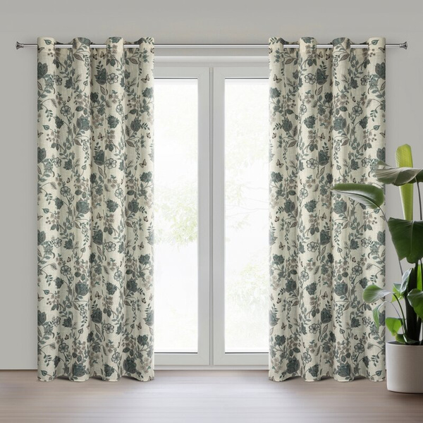 Prirodno plava zavjesa 140x250 od tkanine s dodatkom lana, ukrašena biljnim printom - TALI