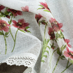 Zavjesa za kuhinju ukrašena printom crvenog cvijeća i čipkom 150x30 cm Isa