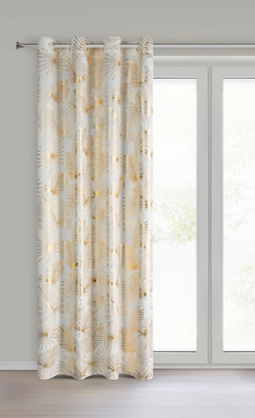 Krem i zlatna tkana zavjesa ukrašena sjajnim egzotičnim motivom lišća, 140x250 cm, zlatne ušice - ZARIA