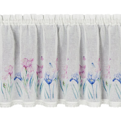 Bijela kuhinjska zavjesa od gaze ukrašena cvjetnim printom i čipkom, 150x60 cm, DOLOREZ tunel