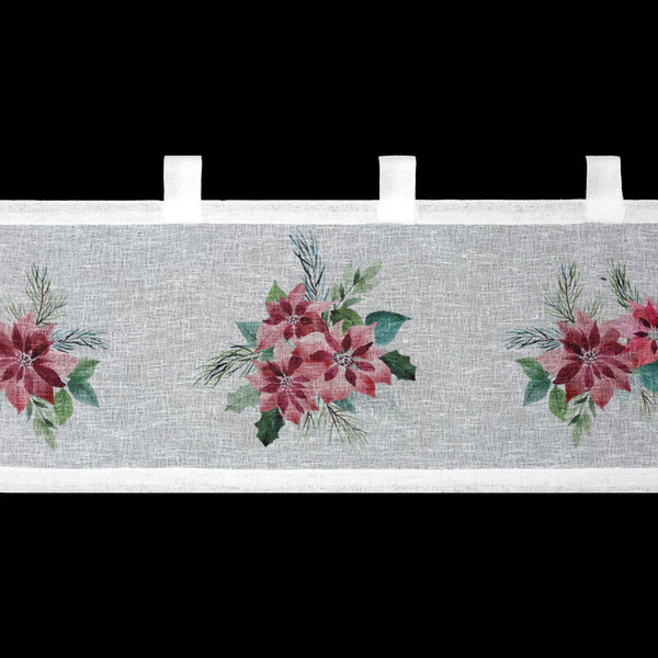 Božićna kuhinjska zavjesa, bijela i crvena, ukrašena printom božićne zvijezde, 150x30 cm, tregeri - XSMAS 3