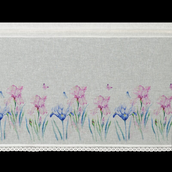 Bijela kuhinjska zavjesa od gaze ukrašena cvjetnim printom i čipkom, 150x60 cm, DOLOREZ tunel