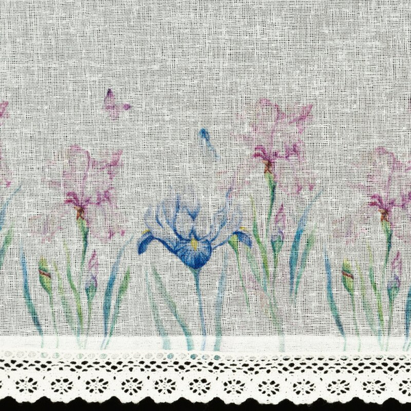 Bijela kuhinjska zavjesa od gaze ukrašena cvjetnim printom i čipkom, 150x30 cm, DOLOREZ tunel