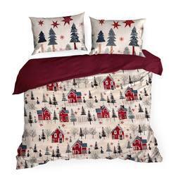 Božićna posteljina 160x200 cm pamučni saten, bordo, tamno krem boja s printom zimskog grada ASHER