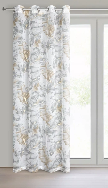 Bež zavjesa s printom lišća od gaze i srebrnim detaljima, 140x250 cm - LAYLA