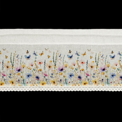 Bijelo-žuta kuhinjska zavjesa od gaze ukrašena cvjetnim printom i čipkom, 150x30 cm, tunel ROZALIE