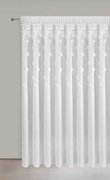 Bijela šifonska zavjesa ukrašena trodimenzionalnim ružama, 350x270 cm, traka - DIANA