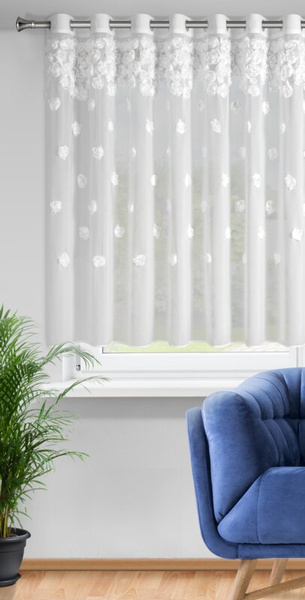 Bijela šifonska zavjesa ukrašena trodimenzionalnim ružama, 350x160 cm - DIANA