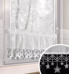 Bijelo-srebrna kuhinjska zavjesa od gaze ukrašena božićnim zvijezdama, tunel 150x30 cm - XMAS