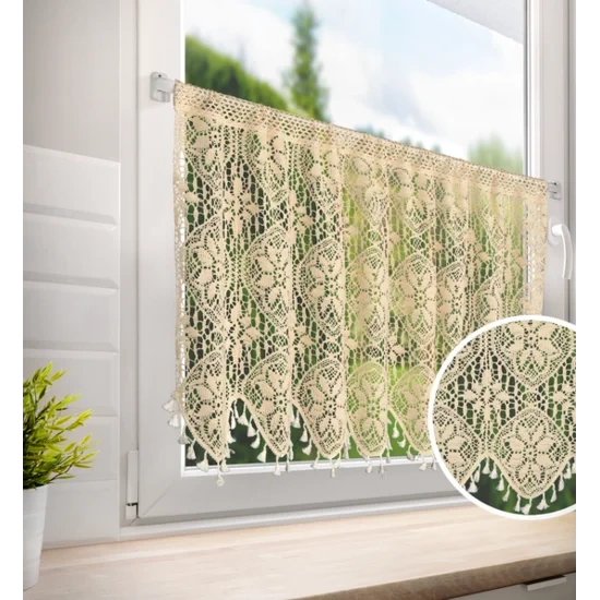 Kuhinjska zavjesa u boho stilu ukrašena suptilnim resama 150x60 cm MOLY tunel