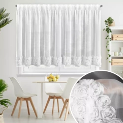 Bijela mrežasta zavjesa ukrašena 3D aplikacijom ruže, 350x160 cm, traka - ROSES3 - Eva Minge
