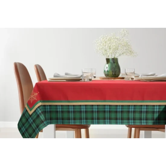 Nadstolnjak goblen s motivom zlatne pahulje i ukrasnim kariranim rubom 45x140 Cherry