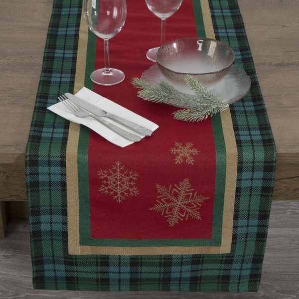 Nadstolnjak goblen s motivom zlatne pahulje i ukrasnim kariranim rubom 45x140 Cherry