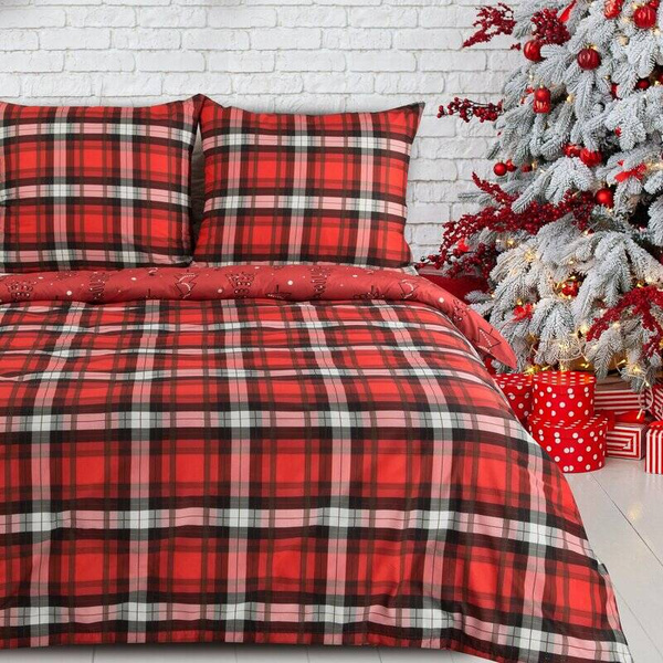 Božićni set posteljine 140x200 s motivom kariranog šara i slatkim božićnim drvcima Scarlet