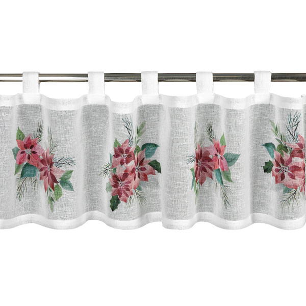 Božićna kuhinjska zavjesa, bijela i crvena, ukrašena printom božićne zvijezde, 150x30 cm, tregeri - XSMAS 3