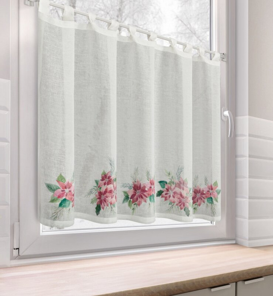 Božićna kuhinjska zavjesa, bijela i crvena, ukrašena printom božićne zvijezde, 150x90 cm, tregeri - XSMAS 3