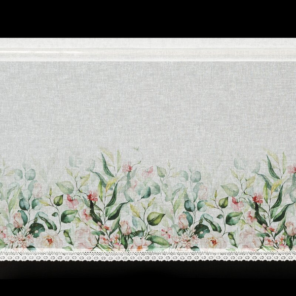 Bijelo-zelena kuhinjska zavjesa od gaze ukrašena cvjetnim printom i čipkom, 150x60 cm, ESTERA tunel