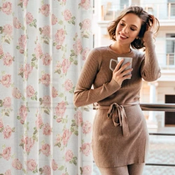 Zavjesa 140x250 ukrašena printom ruža s dodatkom zlata, izrađena od gaze, MELA 