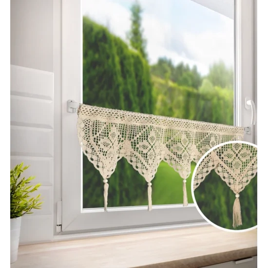 Ažurna kuhinjska zavjesa 150x30 u boho stilu s ukrasnim resicama MARTHA 