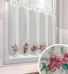 Božićna kuhinjska zavjesa, bijela i crvena, ukrašena printom božićne zvijezde, 150x90 cm, tregeri - XSMAS 3