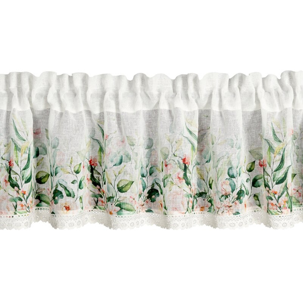 Bijelo-zelena kuhinjska zavjesa od gaze ukrašena cvjetnim printom i čipkom, 150x30 cm, ESTERA tunel