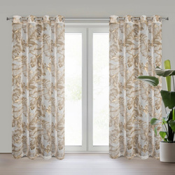 Bež zavjesa s printom lišća od gaze i zlatnim detaljima, 140x250 cm, s ušicama - LAYLA