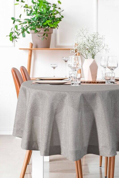 Okrugli stolnjak s lanenim tkanjem i sjajnim koncem, završen dvostrukom trakom na rubovima ∅ 150 cm Bianca 2