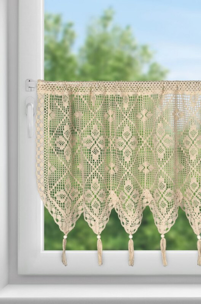 Ažurna kuhinjska zavjesa 150x60 u boho stilu s ukrasnim resicama MARTHA 