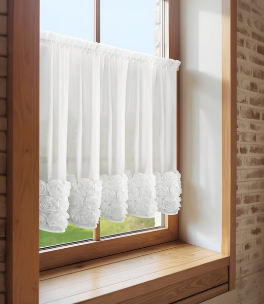 Bijela šifonska zavjesa za kuhinju ukrašena 3D ružama, 70x150 cm- ROSES11 Eva Minge